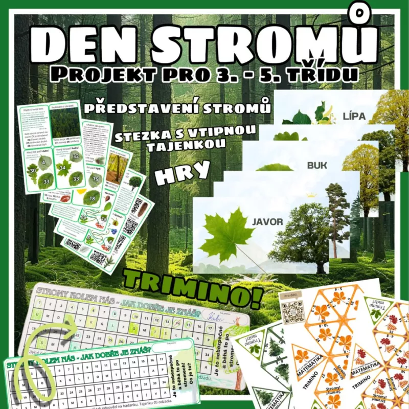 Den stromů – zábavná stezka s tajenkou, hrou, triminem a QR kódy Mišákova třída