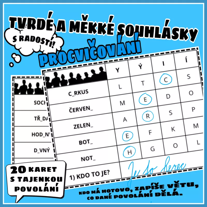 Kartičky s povoláním na procvičování tvrdých a měkkých souhlásek. Mišákova třída