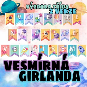Výzdoba třídy s motivem vesmíru.